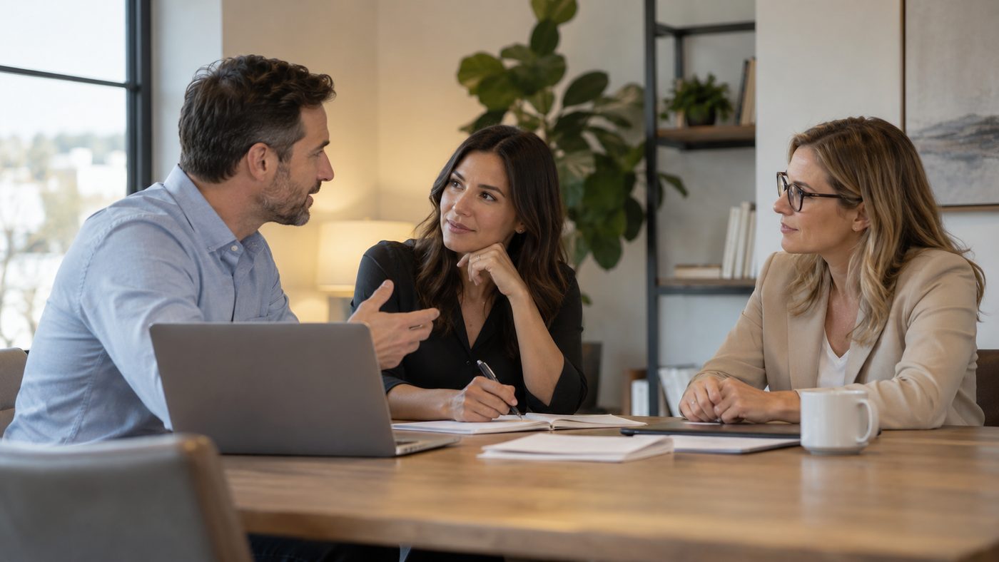 Three colleagues in conversation across a meeting-room table