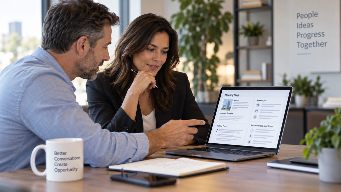 A seller reviewing an AI meeting-prep summary before a call
