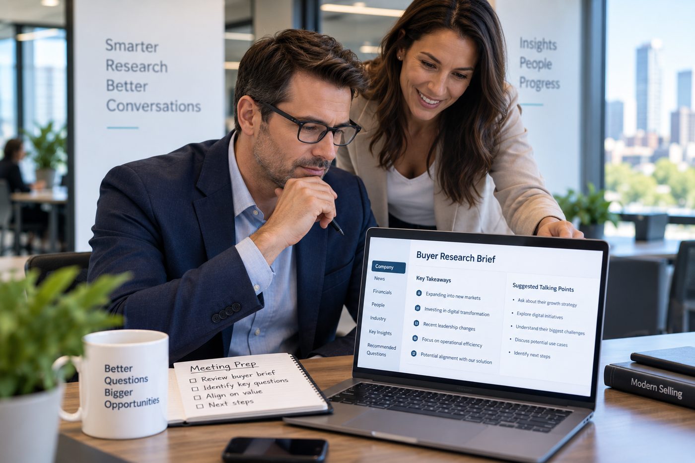 Two colleagues reviewing an AI-generated buyer research brief