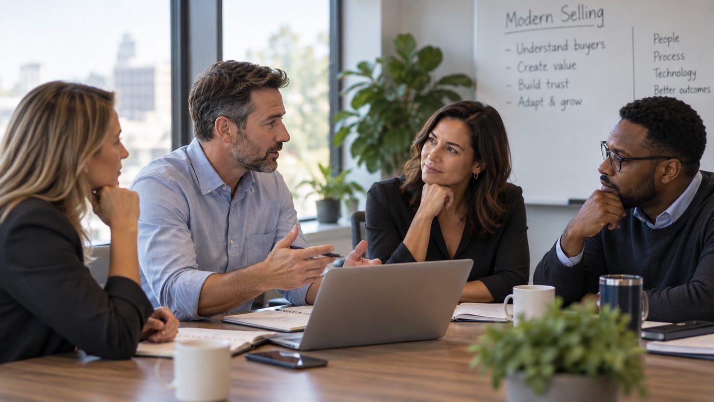 A team working through modern selling principles at a whiteboard