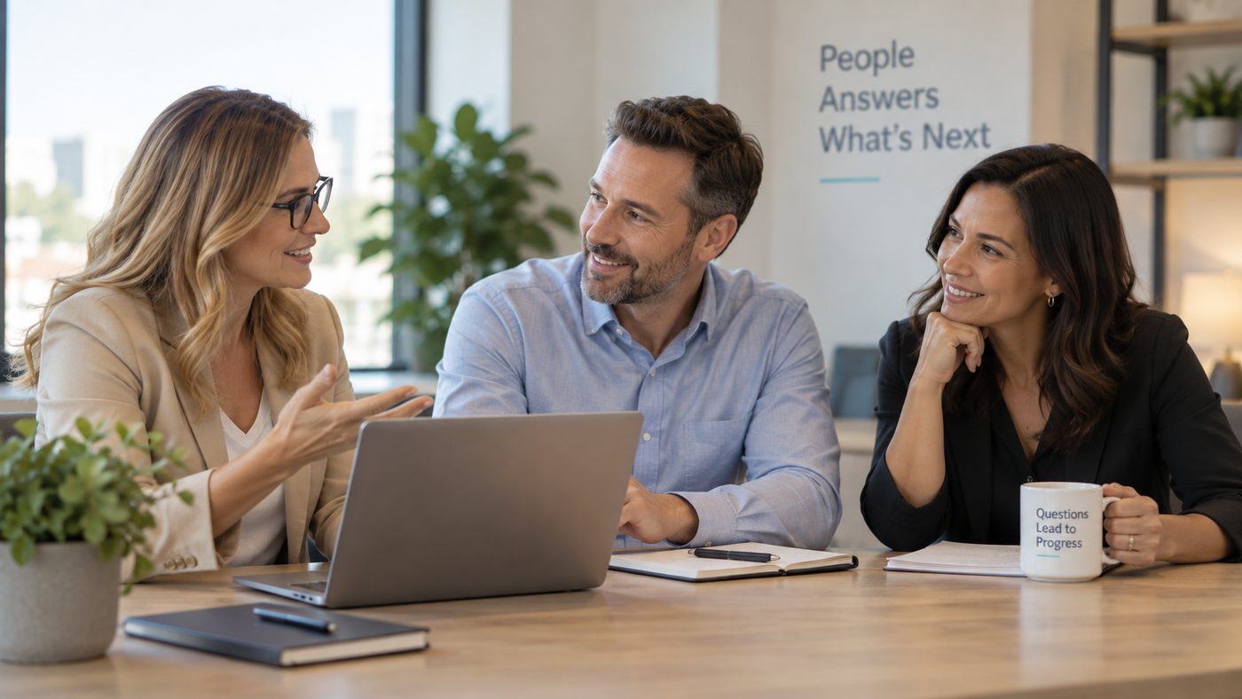 A sales team mid-discussion in an open meeting room
